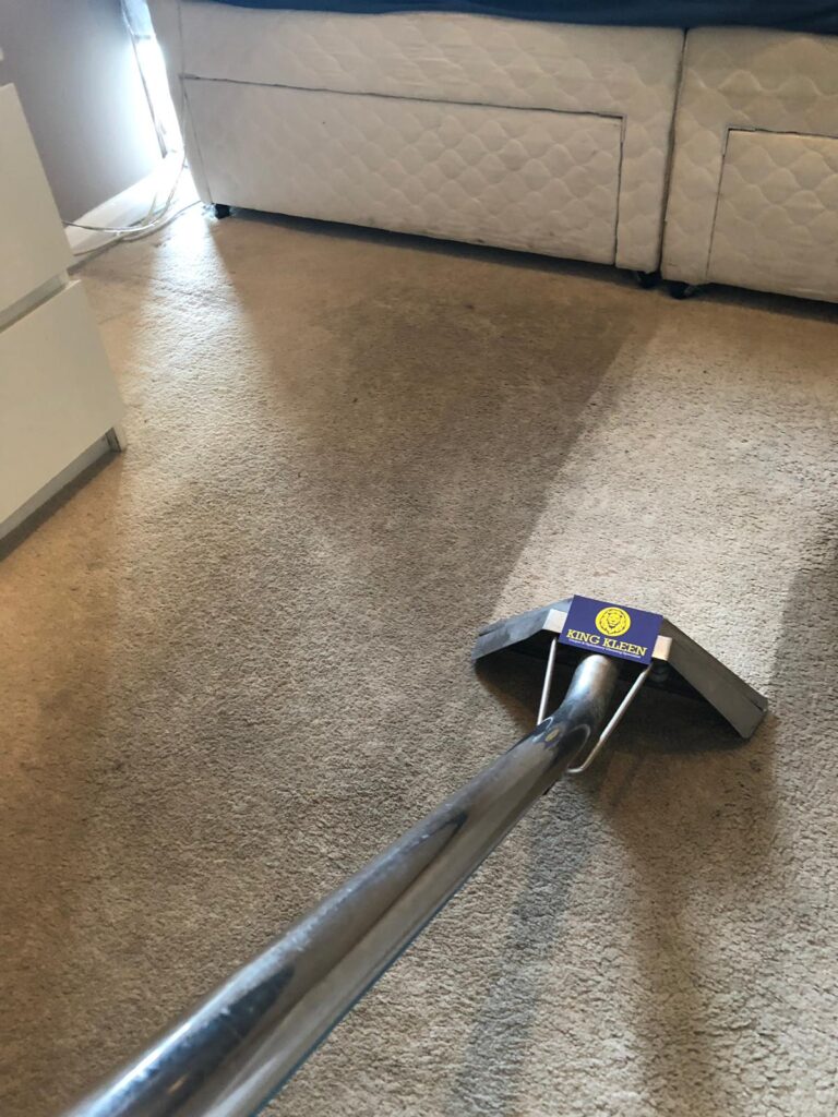 Very Dirty Bedroom Carpet in Bishops Stortford Being Cleaned With Stair Wand Leaving A Clean Area