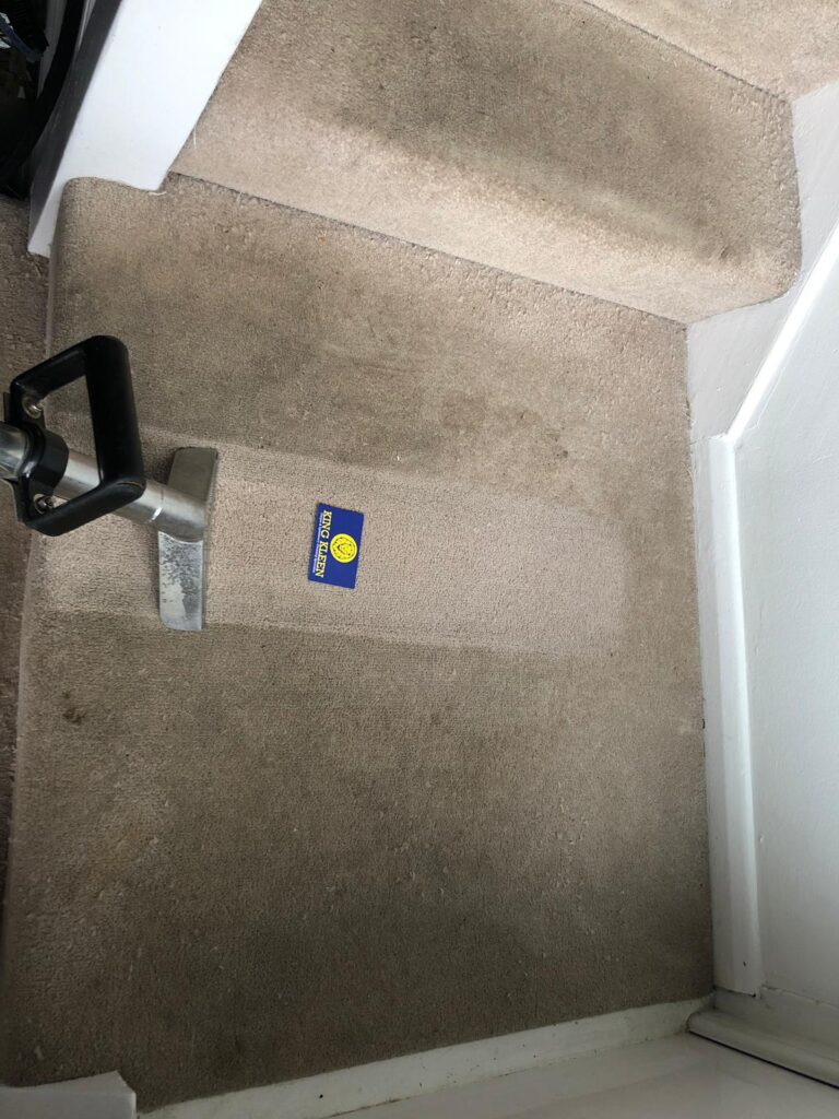 Cleaning A Dirty Stair Carpet SHowing A Clean Streak